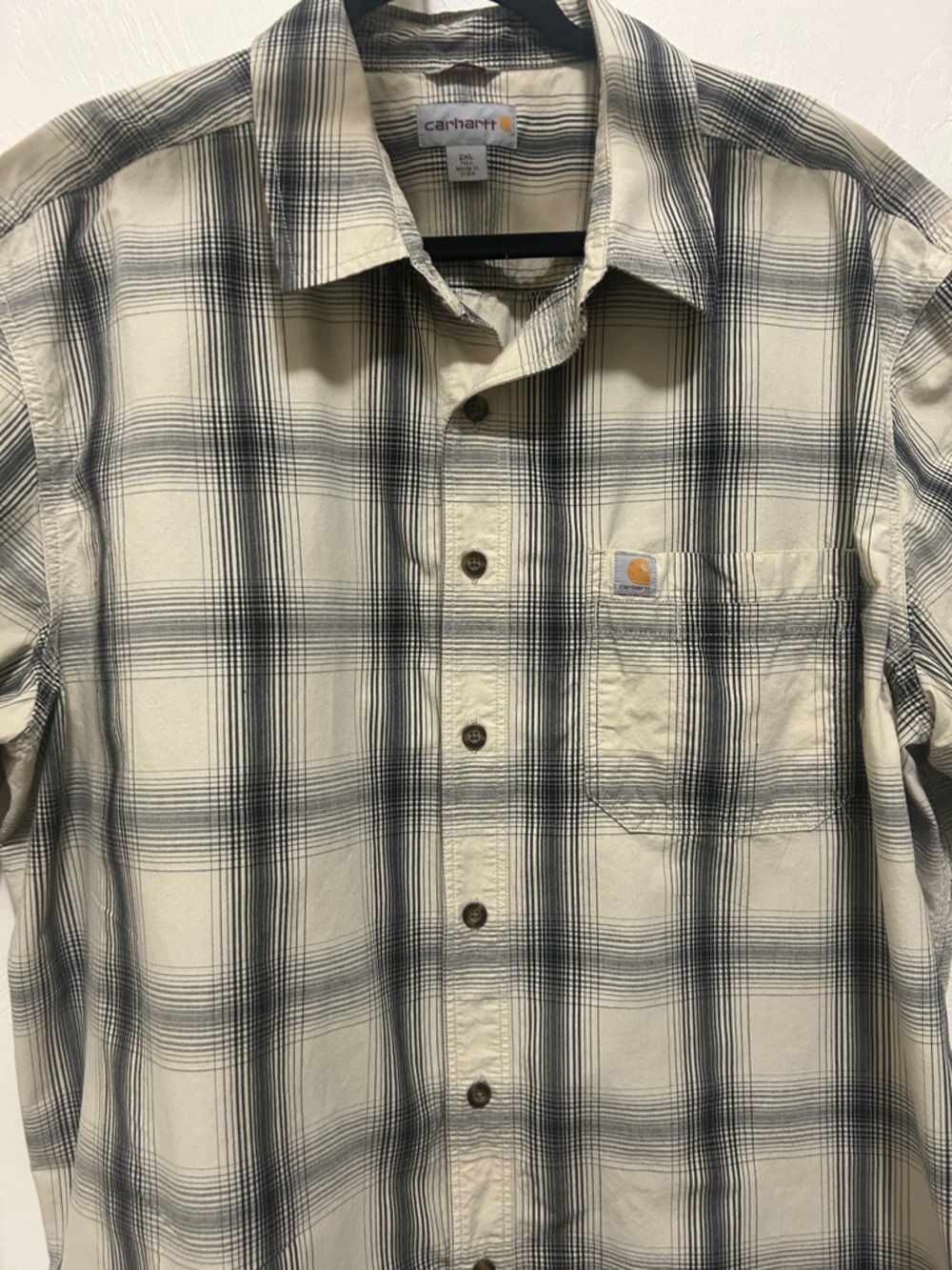 Carhartt Men's Cream and Black Plaid Button-Down Shirt-copy